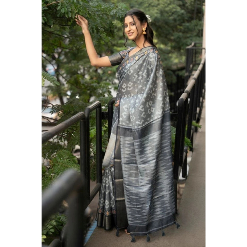 Women's Polyester Printed Saree With Unstitched Blouse 5.5 Mtr (Grey)