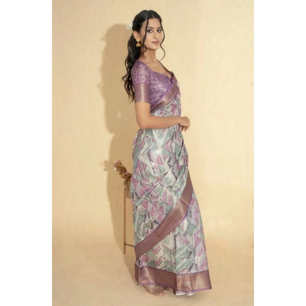 Women's Polyester Printed Saree With Unstitched Blouse 5.5 Mtr (Light Purple)