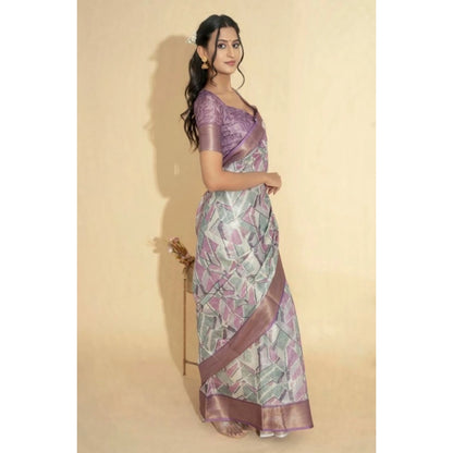 Women's Polyester Printed Saree With Unstitched Blouse 5.5 Mtr (Light Purple)