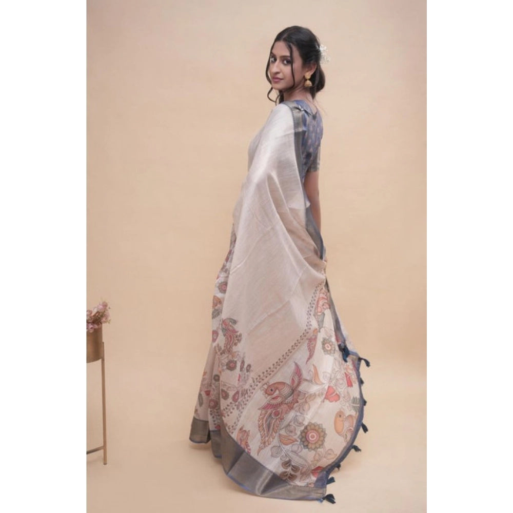 Women's Polyester Printed Saree With Unstitched Blouse 5.5 Mtr (Off-White)