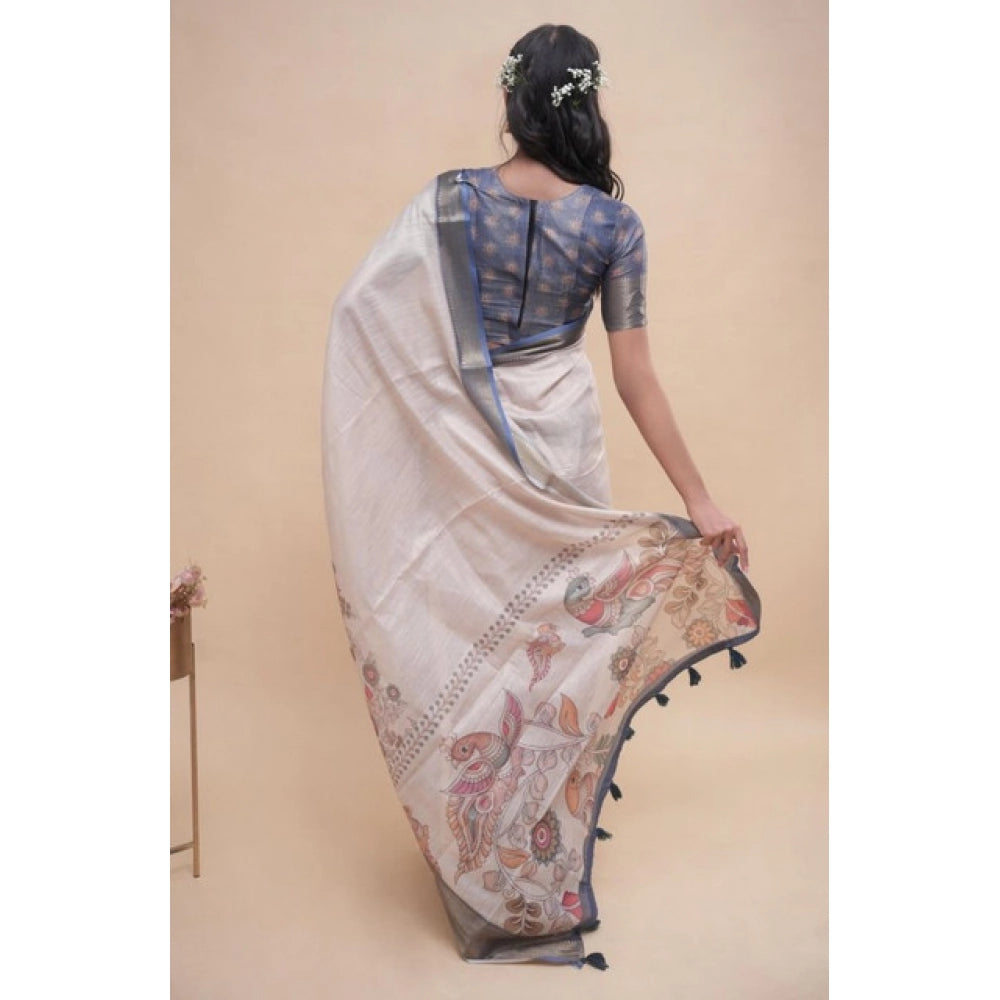 Women's Polyester Printed Saree With Unstitched Blouse 5.5 Mtr (Off-White)