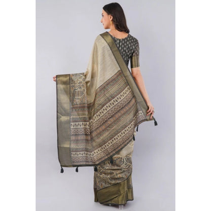 Women's Polyester Printed Ready To Wear Saree With Unstitched Blouse 5.5 Mtr (Beige)