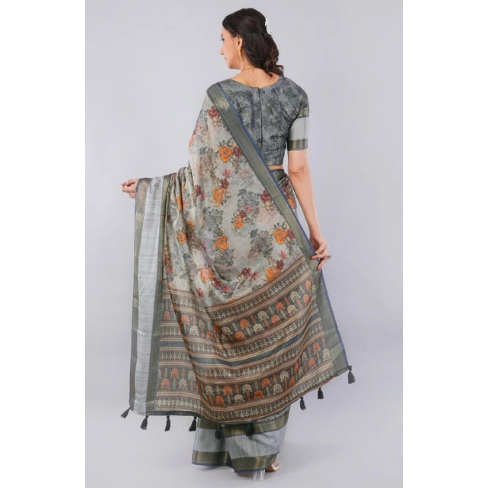 Women's Polyester Printed Ready To Wear Saree With Unstitched Blouse 5.5 Mtr (Light Grey)