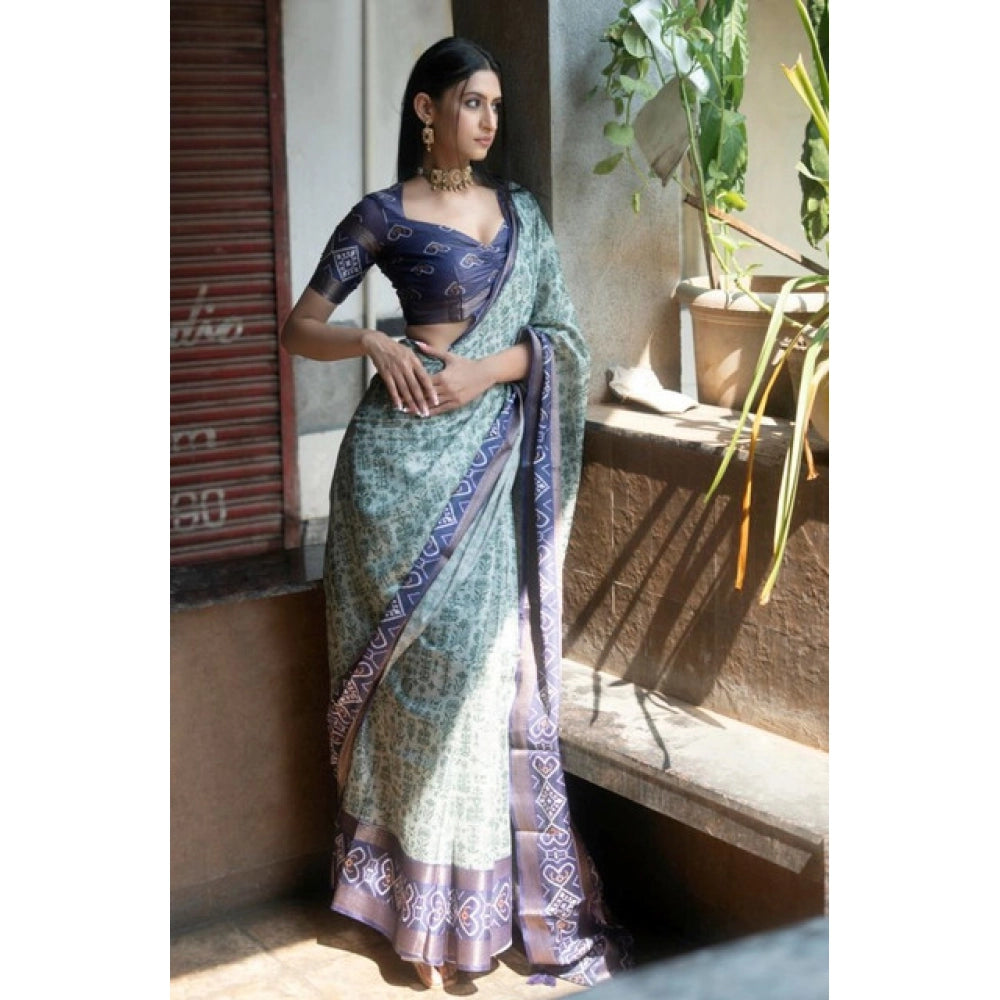 Women's Polyester Printed Saree With Unstitched Blouse 5.5 Mtr (Green)