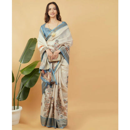 Women's Polyester Printed Saree With Unstitched Blouse 5.5 Mtr (Cream)
