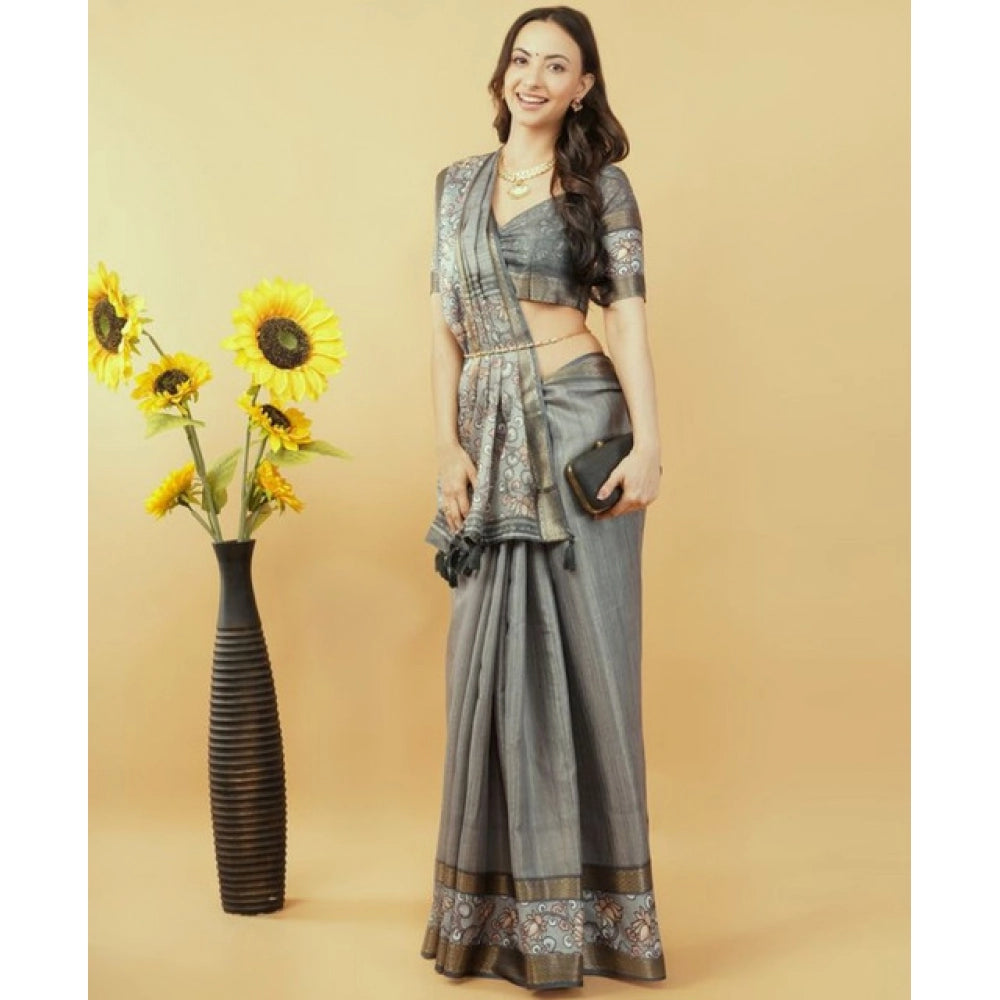 Women's Polyester Printed Saree With Unstitched Blouse 5.5 Mtr (Grey)