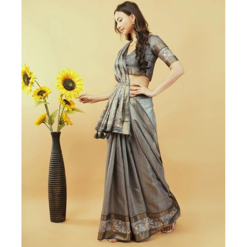 Women's Polyester Printed Saree With Unstitched Blouse 5.5 Mtr (Grey)