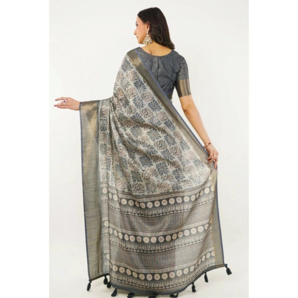 Women's Polyester Printed Saree With Unstitched Blouse 5.5 Mtr (Grey)