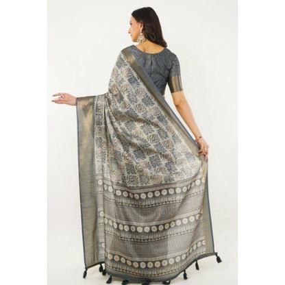 Women's Polyester Printed Saree With Unstitched Blouse 5.5 Mtr (Grey)