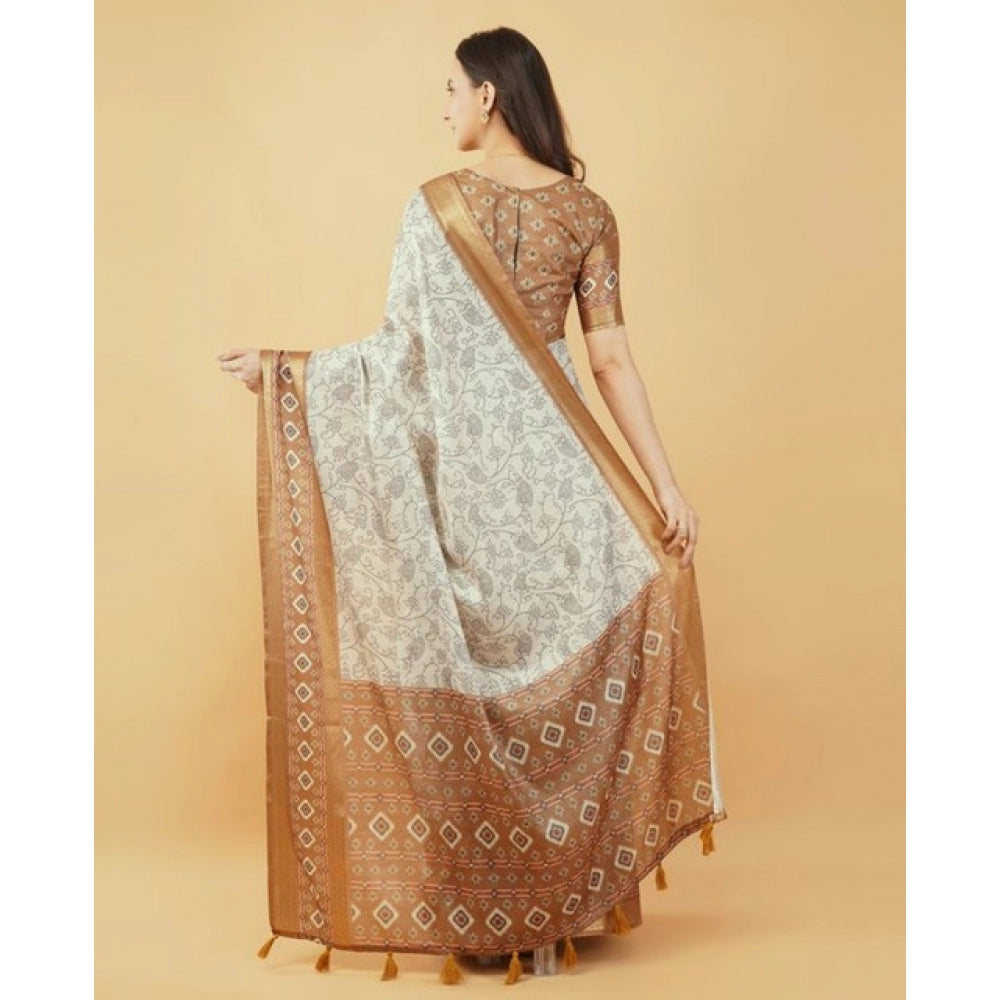 Women's Polyester Printed Saree With Unstitched Blouse 5.5 Mtr (Off-White)