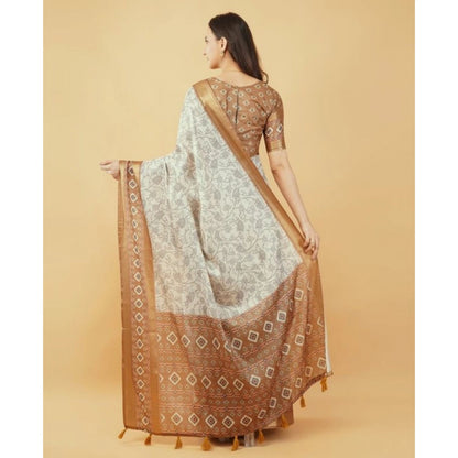 Women's Polyester Printed Saree With Unstitched Blouse 5.5 Mtr (Off-White)