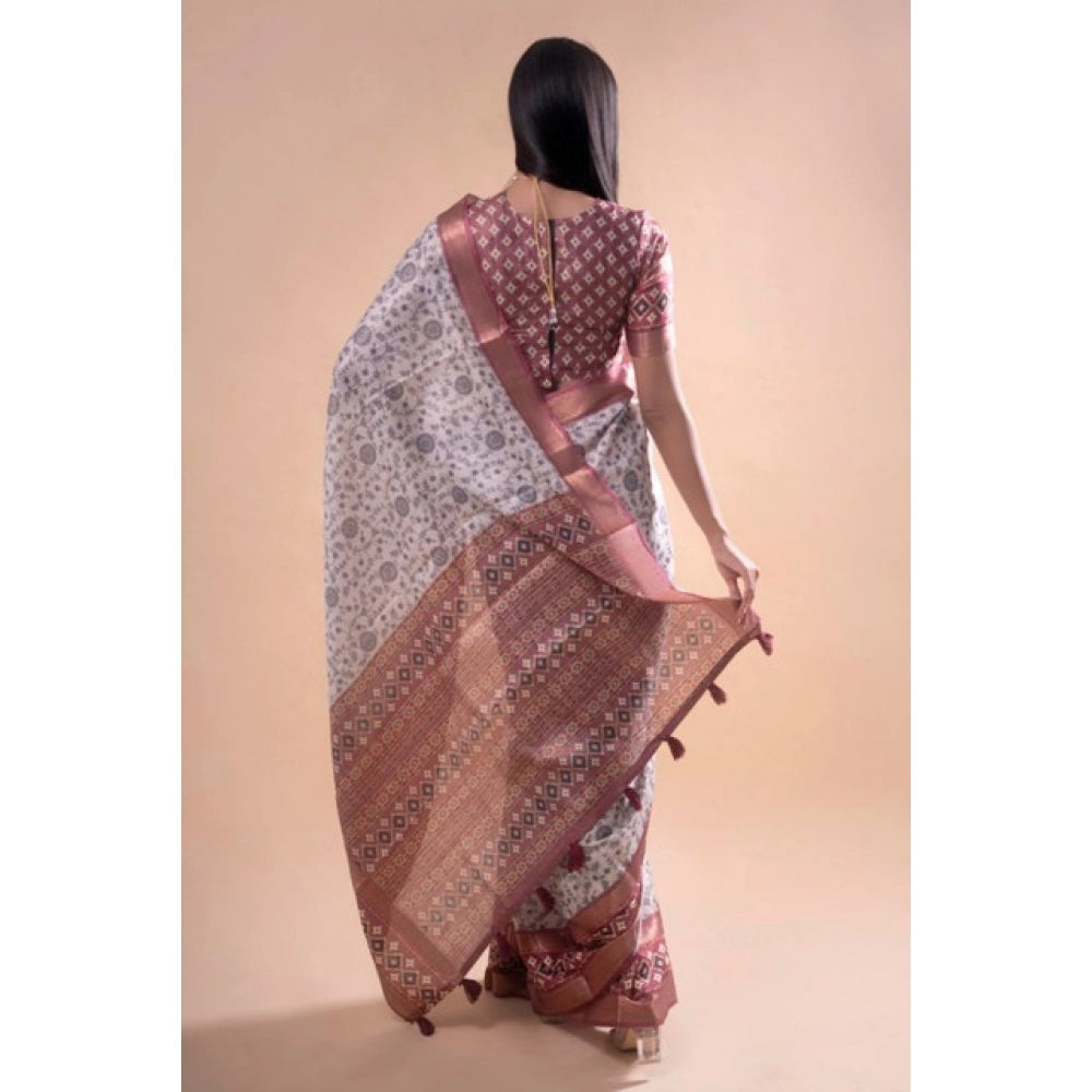 Women's Polyester Printed Saree With Unstitched Blouse 5.5 Mtr (Off-White)