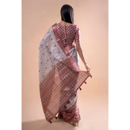 Women's Polyester Printed Saree With Unstitched Blouse 5.5 Mtr (Off-White)