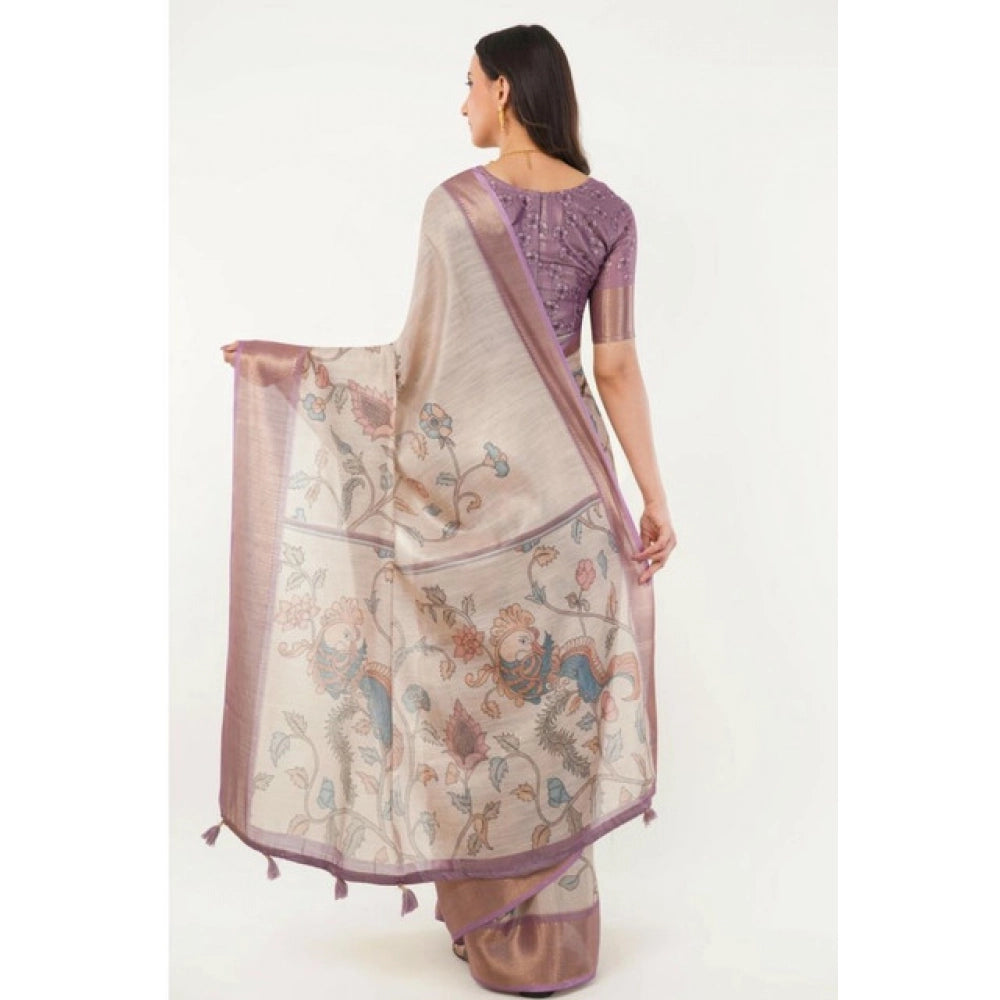 Women's Polyester Printed Saree With Unstitched Blouse 5.5 Mtr (Cream)