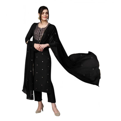 Women's Tesla Silk Embroidered U-Neck Kurti With Pant Dupatta Set (Black)