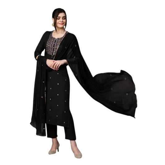 Women's Tesla Silk Embroidered U-Neck Kurti With Pant Dupatta Set (Black)