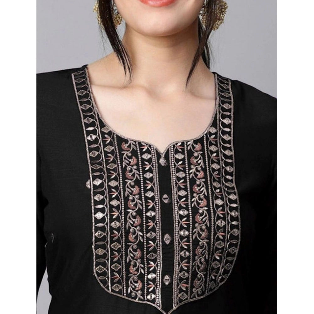 Women's Tesla Silk Embroidered U-Neck Kurti With Pant Dupatta Set (Black)