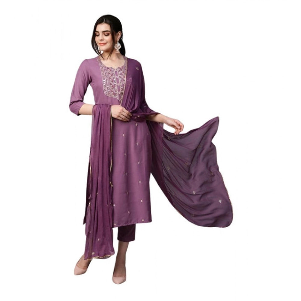 Women's Tesla Silk Embroidered U-Neck Kurti With Pant Dupatta Set (Light Purple)