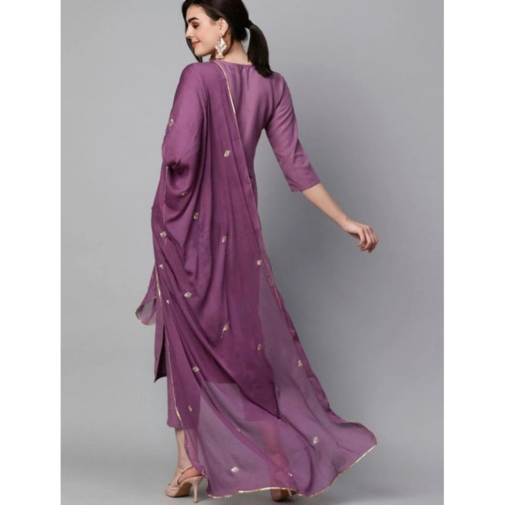 Women's Tesla Silk Embroidered U-Neck Kurti With Pant Dupatta Set (Light Purple)