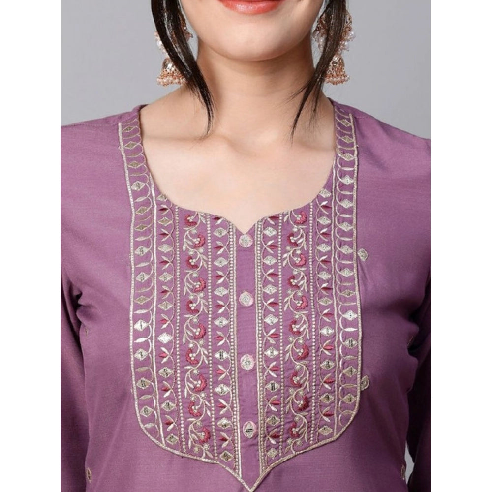 Women's Tesla Silk Embroidered U-Neck Kurti With Pant Dupatta Set (Light Purple)