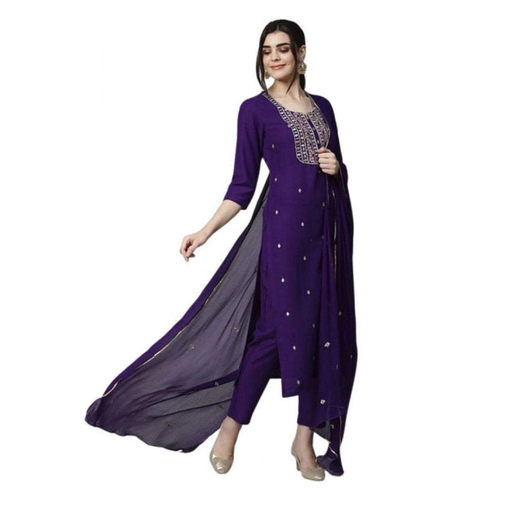 Women's Tesla Silk Embroidered U-Neck Kurti With Pant Dupatta Set (Dark Purple)