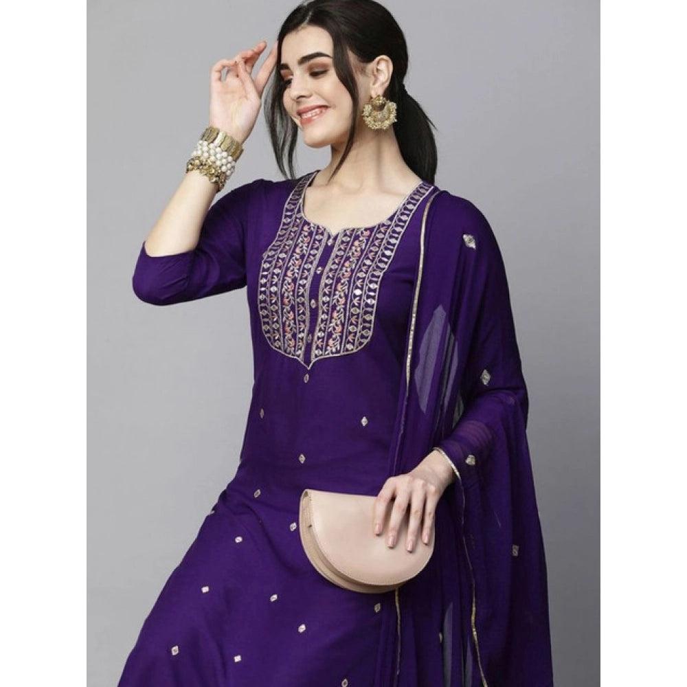 Women's Tesla Silk Embroidered U-Neck Kurti With Pant Dupatta Set (Dark Purple)