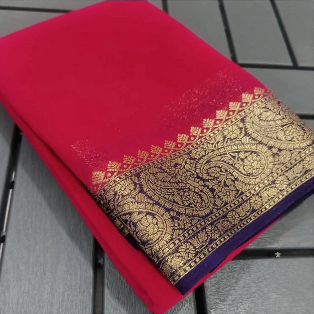 Women's Crepe Chit Pallu Solid Saree With Unstitched Blouse 5.5Mtr (Red)