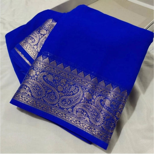 Women's Crepe Chit Pallu Solid Saree With Unstitched Blouse 5.5Mtr (Navy Blue)