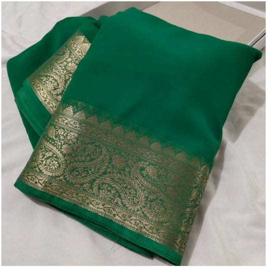 Women's Crepe Chit Pallu Solid Saree With Unstitched Blouse 5.5Mtr (Green)