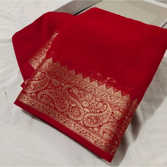 Women's Crepe Chit Pallu Solid Saree With Unstitched Blouse 5.5Mtr (Red)