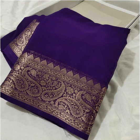 Women's Crepe Chit Pallu Solid Saree With Unstitched Blouse 5.5Mtr (Purple)