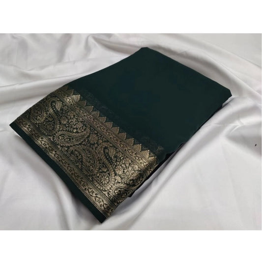 Women's Crepe Chit Pallu Solid Saree With Unstitched Blouse 5.5Mtr (Bottle Green)