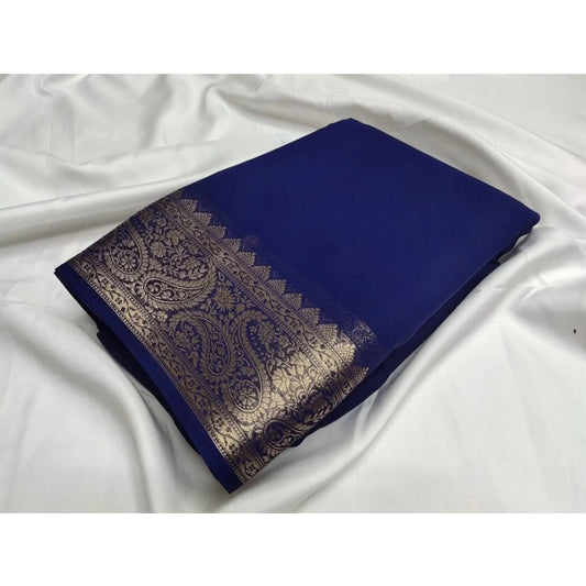 Women's Crepe Chit Pallu Solid Saree With Unstitched Blouse 5.5Mtr (Blue)