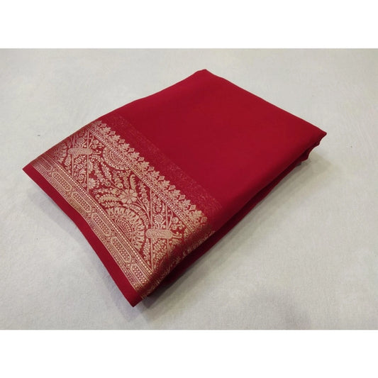 Women's Crepe Chit Pallu Solid Saree With Unstitched Blouse 5.5Mtr (Red)