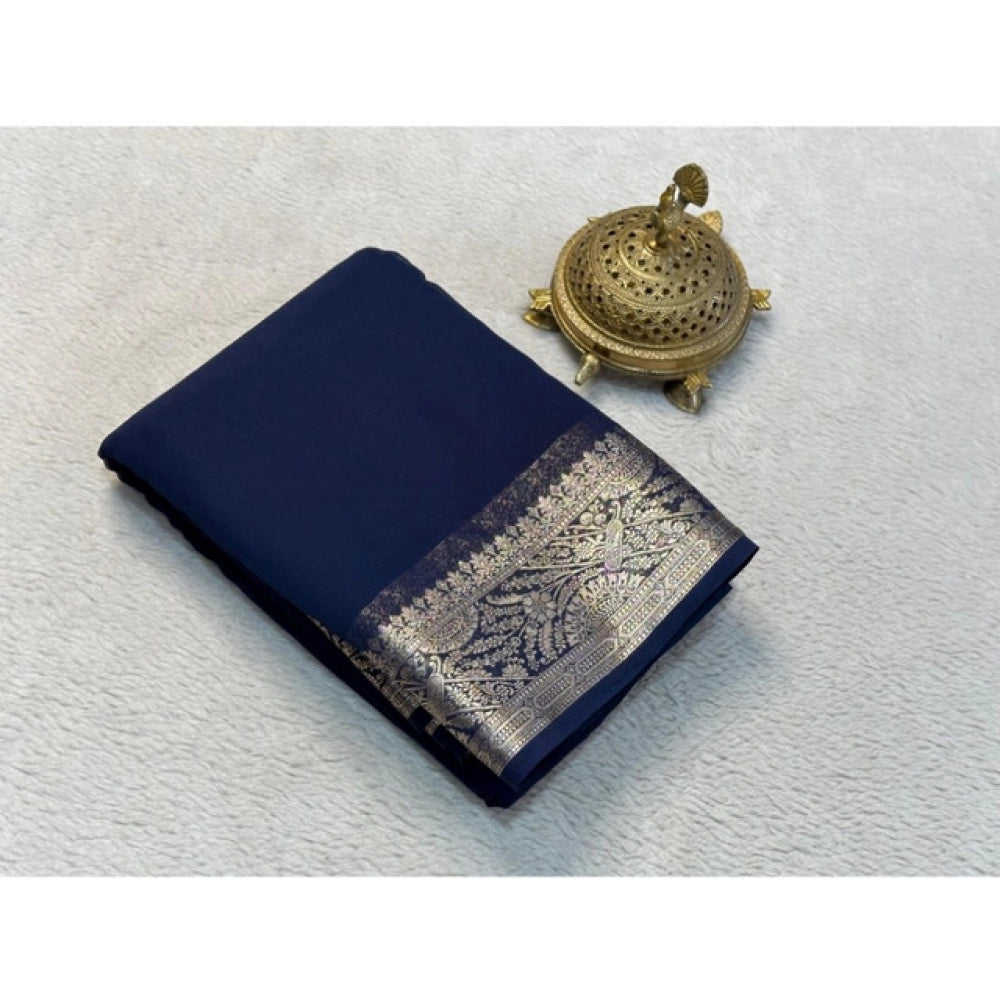 Women's Crepe Chit Pallu Solid Saree With Unstitched Blouse 5.5Mtr (Blue)