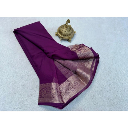 Women's Crepe Chit Pallu Solid Saree With Unstitched Blouse 5.5Mtr (Purple)