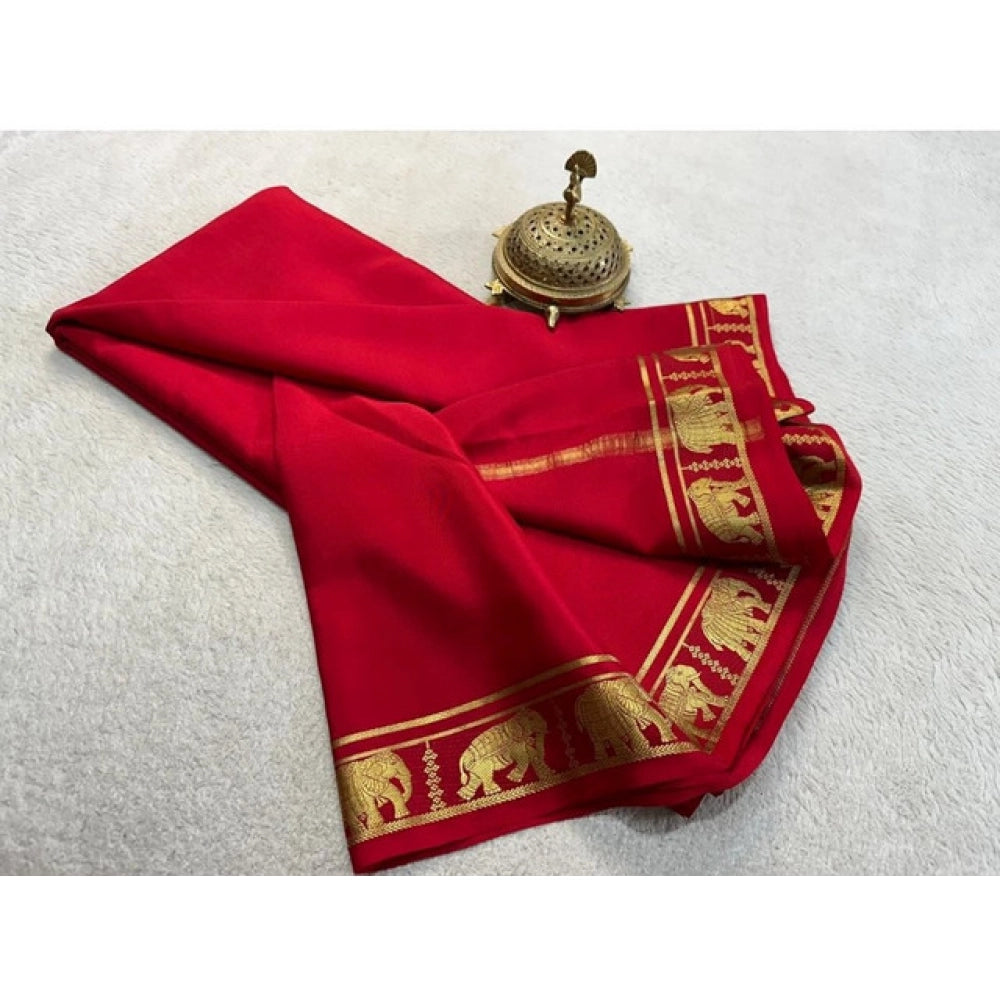 Women's Crepe Chit Pallu Solid Saree With Unstitched Blouse 5.5Mtr (Red)