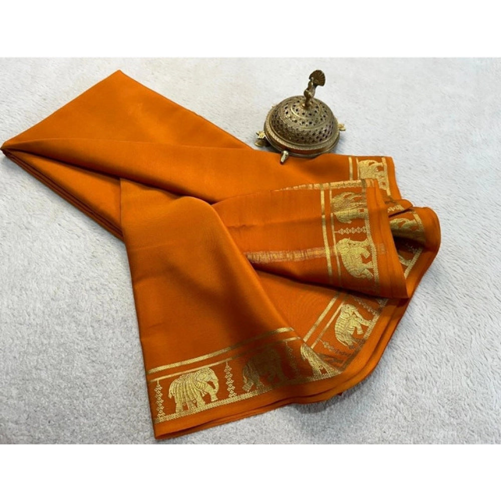 Women's Crepe Chit Pallu Solid Saree With Unstitched Blouse 5.5Mtr (Orange)