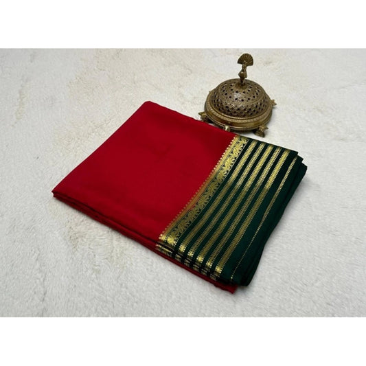 Women's Crepe Chit Pallu Solid Saree With Unstitched Blouse 5.5Mtr (Red)