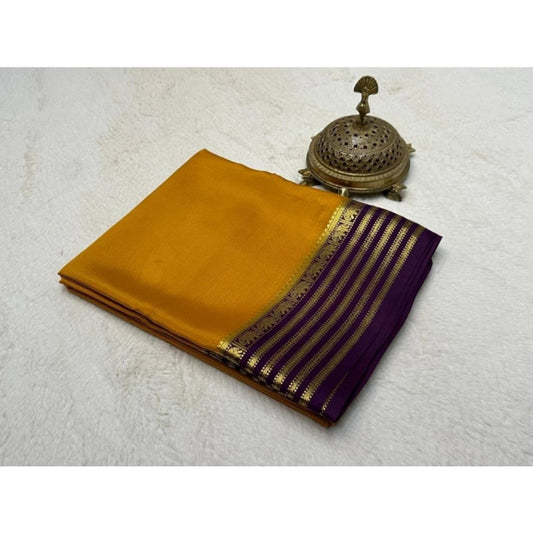 Women's Crepe Chit Pallu Solid Saree With Unstitched Blouse 5.5Mtr (Gold)