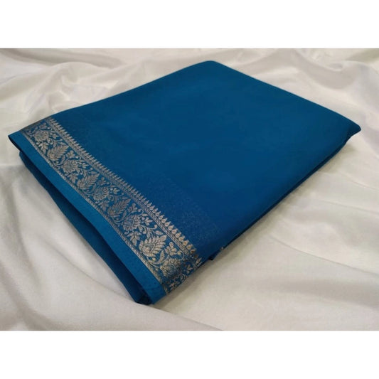 Women's Crepe Chit Pallu Solid Saree With Unstitched Blouse 5.5Mtr (teal blue)