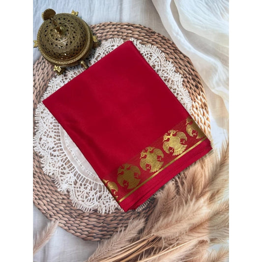 Women's Crepe Chit Pallu Solid Saree With Unstitched Blouse 5.5Mtr (Red)
