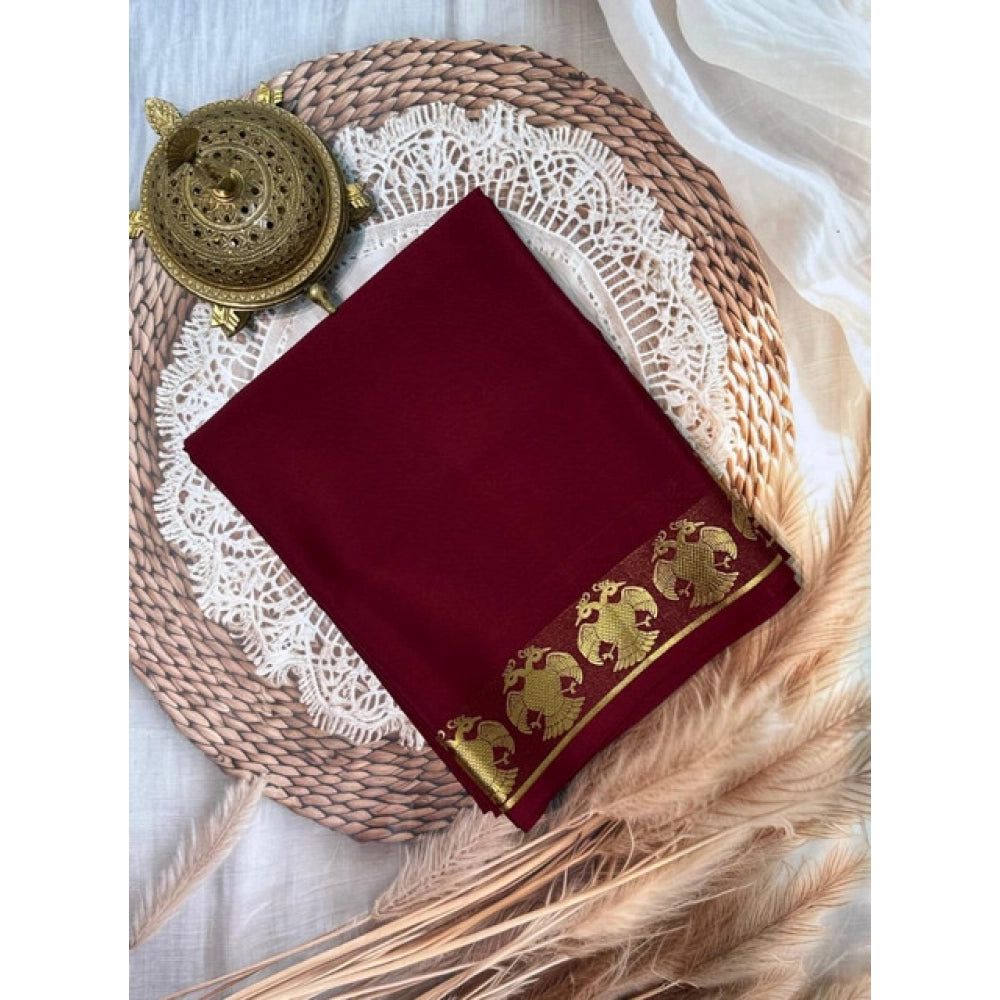 Women's Crepe Chit Pallu Solid Saree With Unstitched Blouse 5.5Mtr (Maroon)