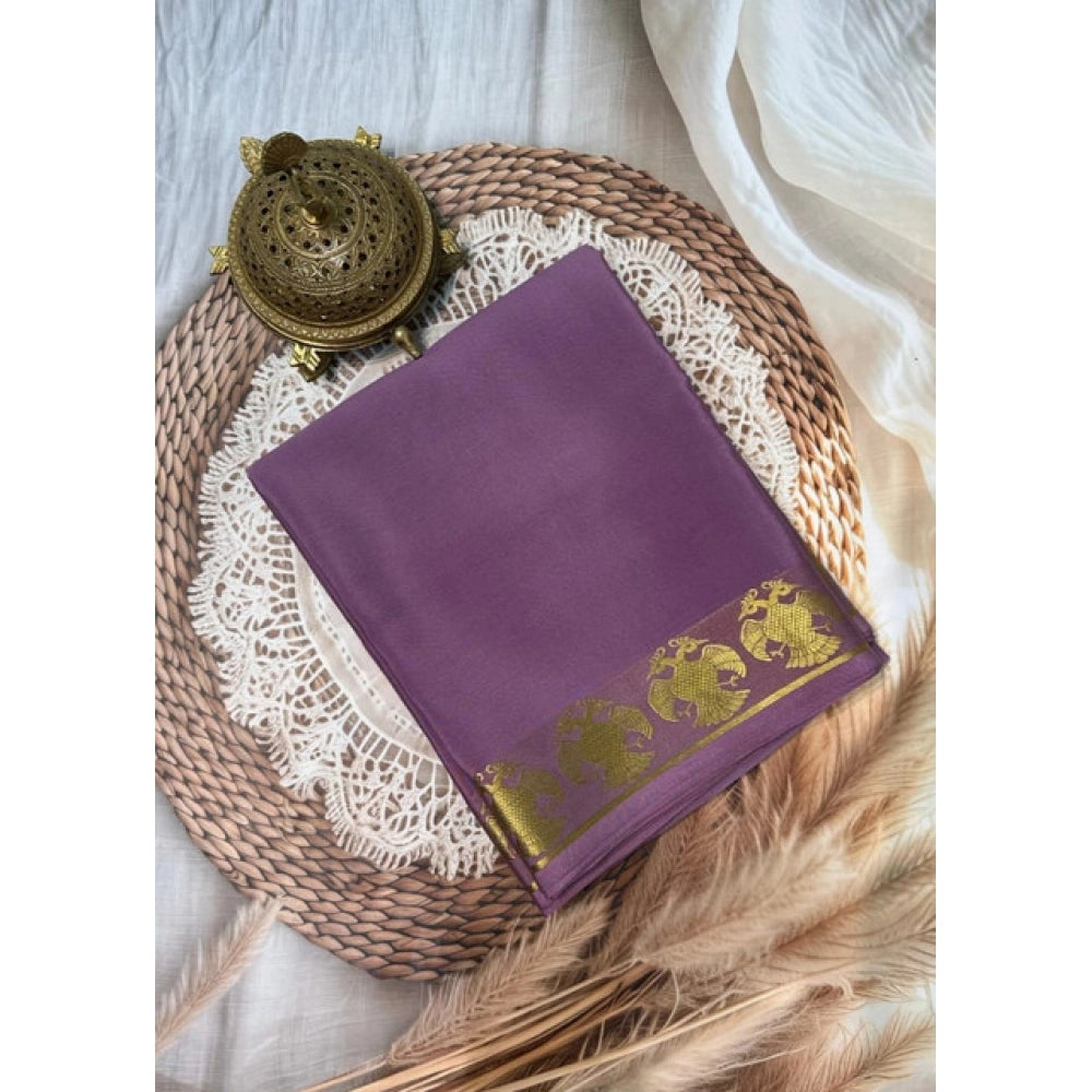 Women's Crepe Chit Pallu Solid Saree With Unstitched Blouse 5.5Mtr (Lavender)