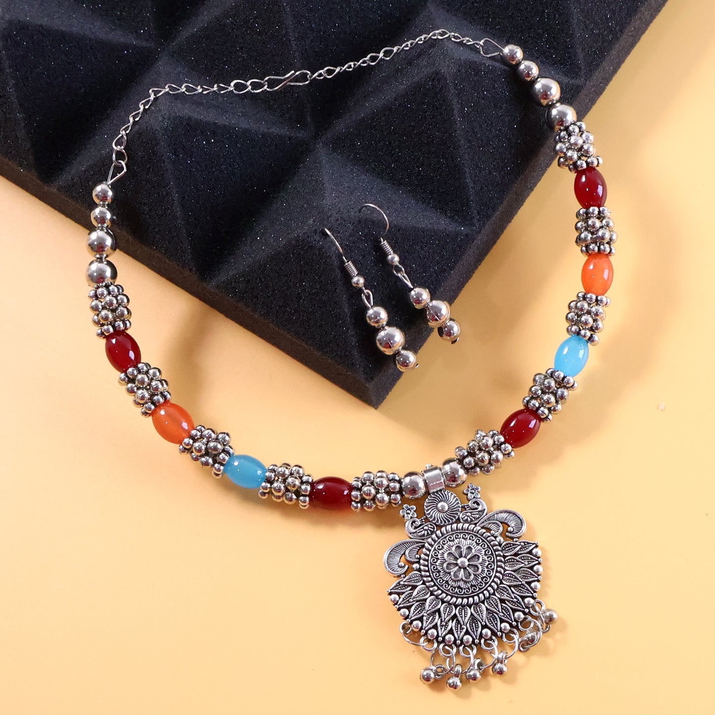Oxidised Silver Traditional Beaded Necklace Set
