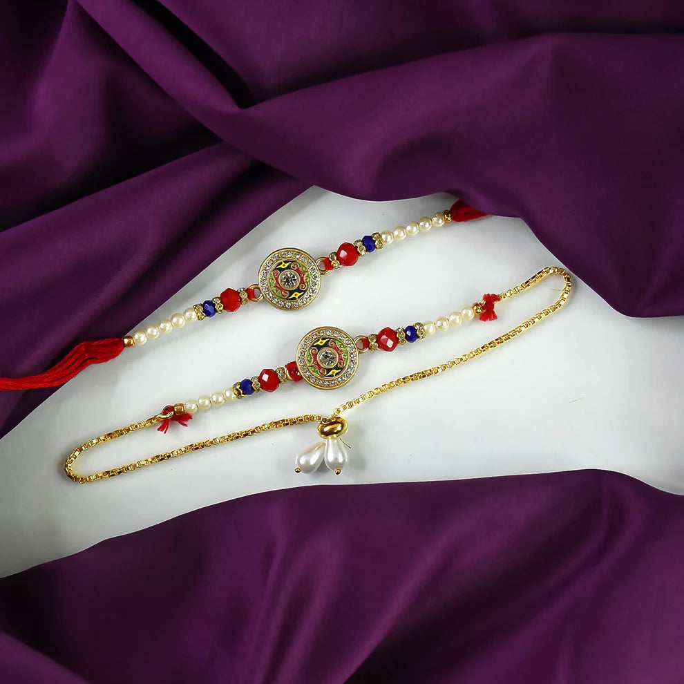 65479 Premium Rakhi  Bracelet Combo  Traditional Kundan Work Rakhi With Pearls And Elegant Golden Bracelet For Bhaiya Bhabhi Set (3 Pcs)