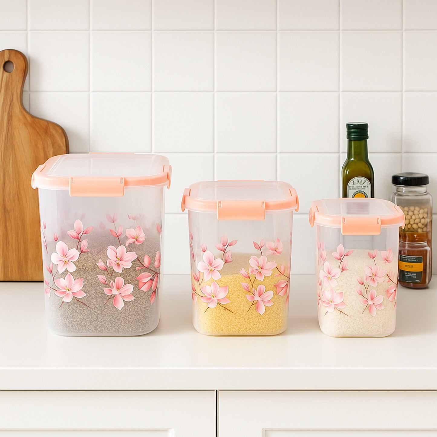 Square 3 Pcs Floral Printed Airtight Storage Container Set  Approx 2.8 Ltr 4.5 Ltr 6.9 Ltr (3 Pcs Set)
