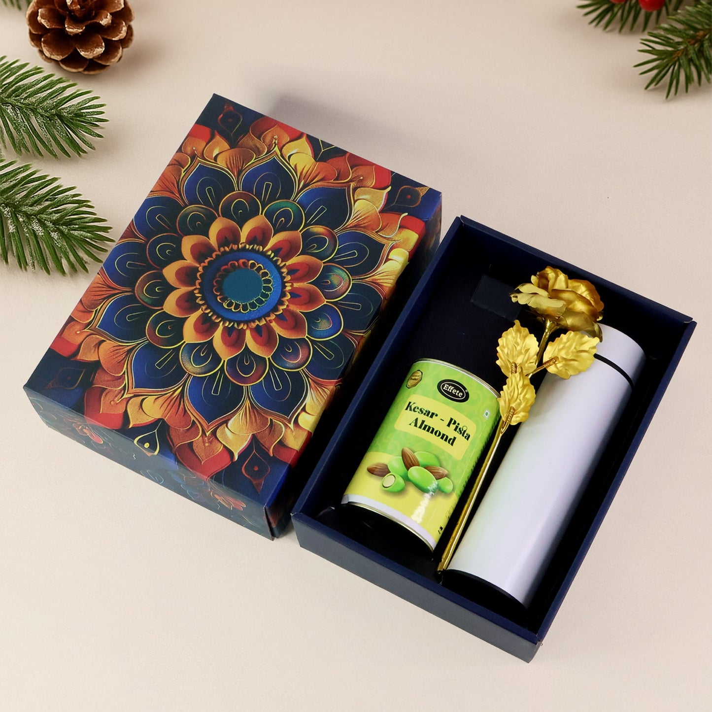 Effete Kesar Pista Almonds Gift Hamper Golden Rose With Bottle (3 Pc Set)
