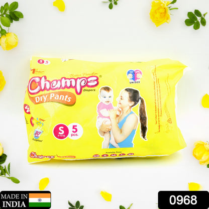 0968 Small  Champs Dry Pants Style Diaper- Small Best For Travel  Absorption Champs Baby Diapers Champs Soft And Dry Baby Diaper Pants (S5 Pcs )