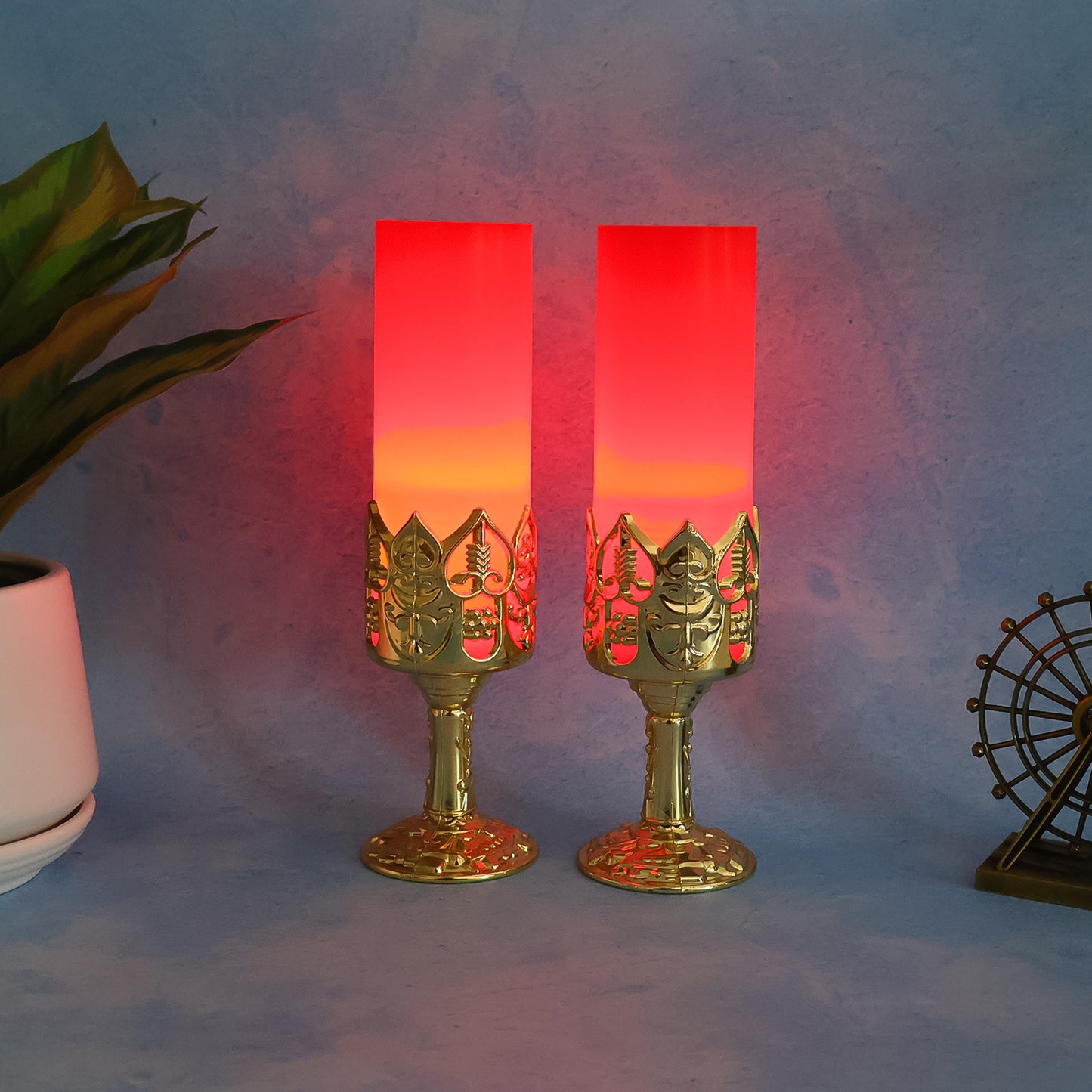 Decorative Led Candle Light Lamps With Golden Stand  (2 Pc)